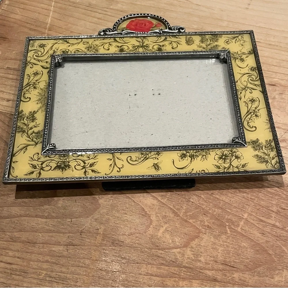 VTG Silver Metal Jeweled Frame Rose Yellow Floral Victorian Shabby Chic 4x6
